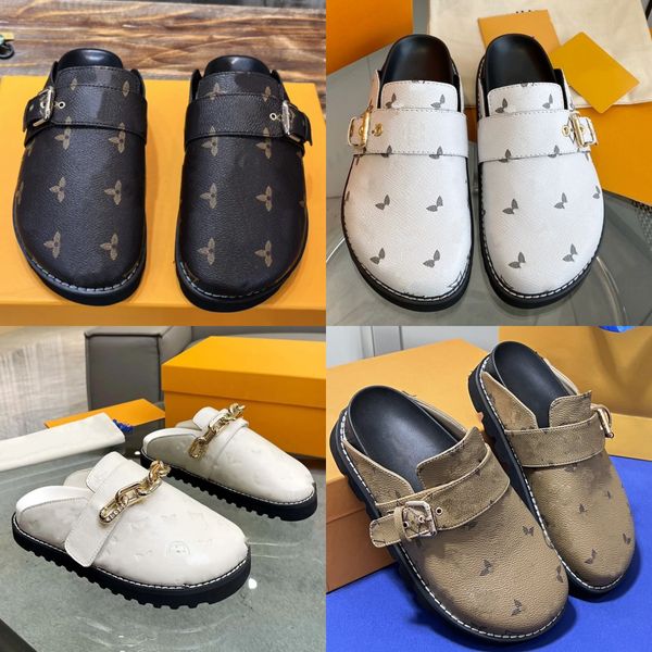 Designer COSY COMFORT flache Sandale Damen Clogs Hausschuhe Slides Herren Mule Luxus verstellbarer Riemen Leder Strand Sommer goldfarbene Schnalle Sandale Größe