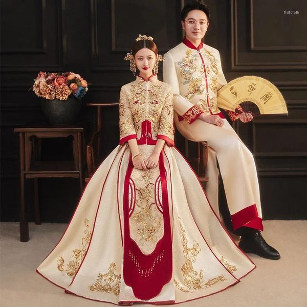Roupas étnicas Xiuhe Noivo Tang Ternos Hanfu Noiva Antiga Vestido de Casamento Chinês Traje Tradicional Frisado Bordado Vestido