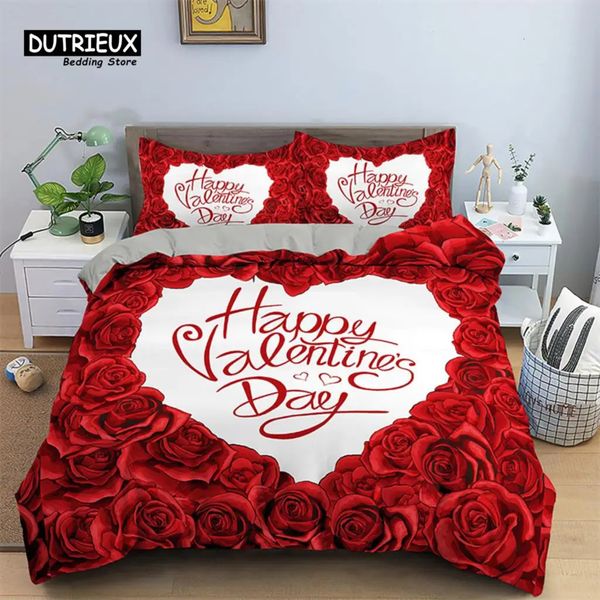 Yatak takımları kırmızı gül çiçek aşağı yorgan kapak aşk kalp şeklindeki malzemeler mikrofiber romantik yorgan çift düğün sevgililer günü dekorasyon kraliçesi 231106