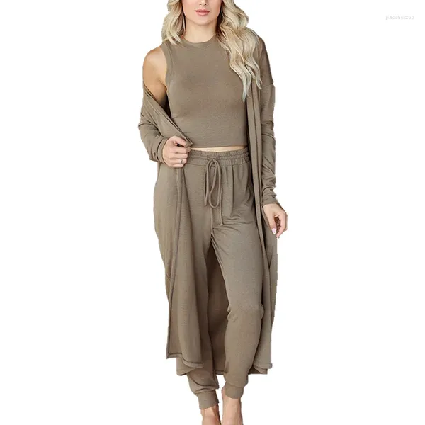 Zweiteilige Damenhose, Wintermode-Lounge-Set für Frauen, Khaki-Schnürung, lässige weibliche Dessous mit O-Ausschnitttaschen, schwarzer 3-teiliger Heimanzug