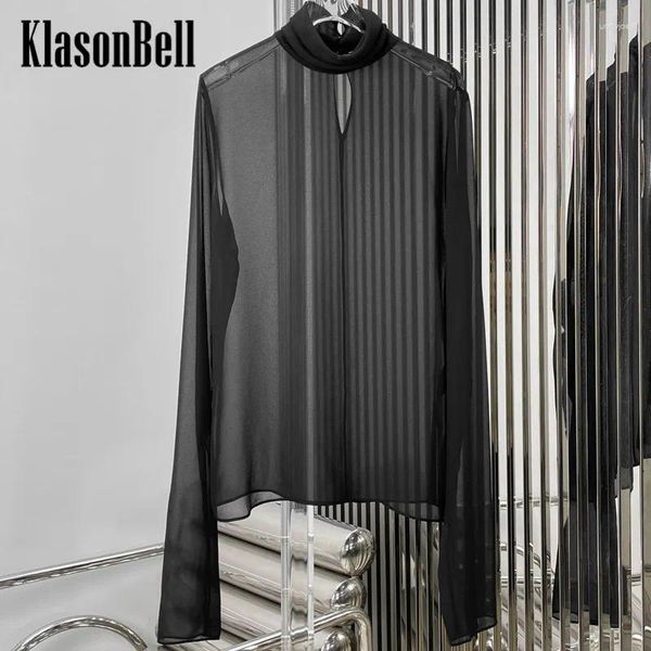 Damenblusen 10.20 KlasonBell Temperament Schwarze Rollkragenpullover-Hemdbluse mit durchscheinendem Saum