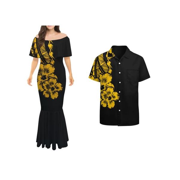 Fora do ombro polinésia tribal impressão mulheres ombros nus vestidos sereia saia casais combinar roupas camisas masculinas 220628231k