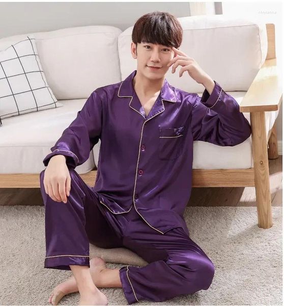 Pigiami da uomo Abbigliamento Pigiama viola Camicia primaverile Taglia Indumenti da notte - Set Camicia da notte Uomo 2 pezzi Abito da notte XXXL Pantaloni Rayon Seta Autunno