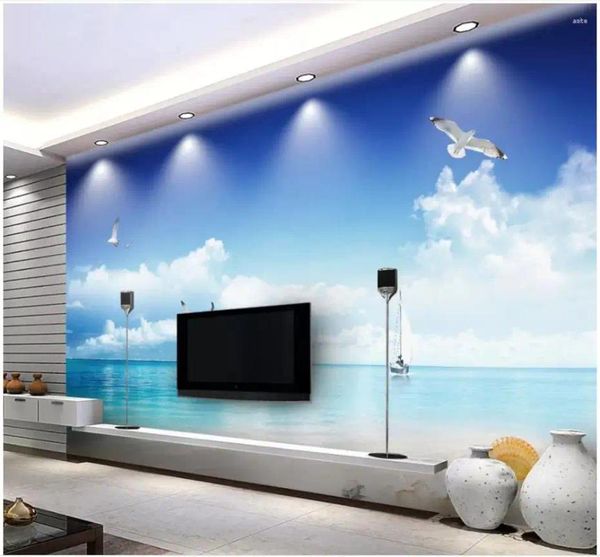 Wallpapers personalizado po papel de parede 3d para paredes 3 d céu azul nuvens brancas praia cenário mural tv fundo papel de parede decoração de casa
