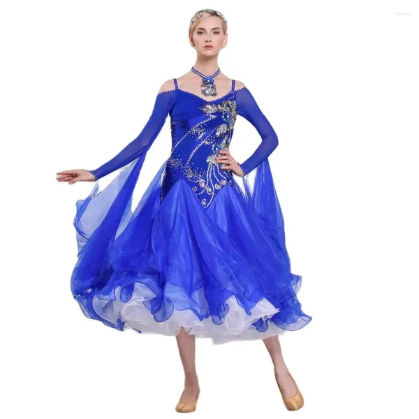 Одежда для сцены B-16221 Темно-синее платье для современного танца Юбка для бальных танцев с длинными рукавами Выступление вальса