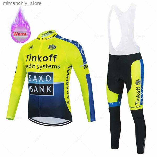 Radtrikot-Sets Tinkoff-Cycling Jersey Set Rennrad-Rennradanzug Thermo-Fece-Tops Winterbekleidung Fahrradbekleidung New Saxo Bank Q231107