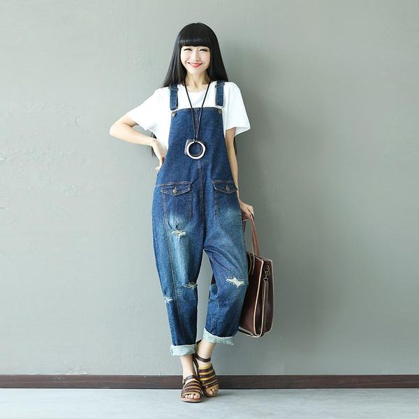 Damen Overalls Strampler Persönlichkeit Loch Denim Damen Overall Übergröße Lose Mode Alle Abgestimmt Lässige Overalls Grundlegend Vintage Gewaschen J