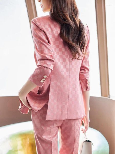 Frauen Zweiteilige Hosen 2023 Herbst Winter Frauen Formelle Sets Plaid Rosa Schwarz Beige Blazer 2 Set Büro Dame arbeitskleidung Business Anzüge