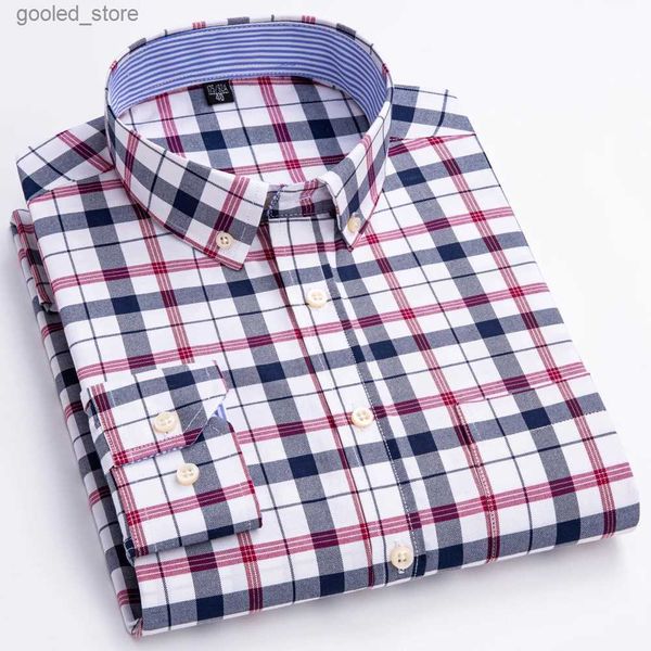 Camicie casual da uomo Camicia da uomo in tessuto Oxford a maniche lunghe a quadri scozzesi Tasca singola applicata 100% cotone Camicie a righe casual versatili vestibilità standard Q231106