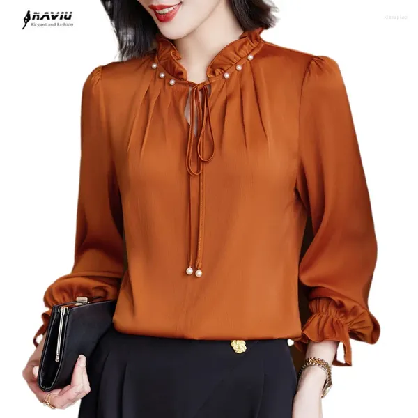 Camicette da donna NAVIU Moda Temperamento Colletto alla coreana Camicia bianca Donna Autunno Chiffon Manica lunga Casual Office Lady Top da lavoro