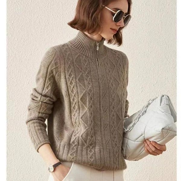 Malhas femininas 2023 outono e inverno mulheres pura cashmere meia tartaruga colarinho zíper cabo texturizado cardigan jaqueta