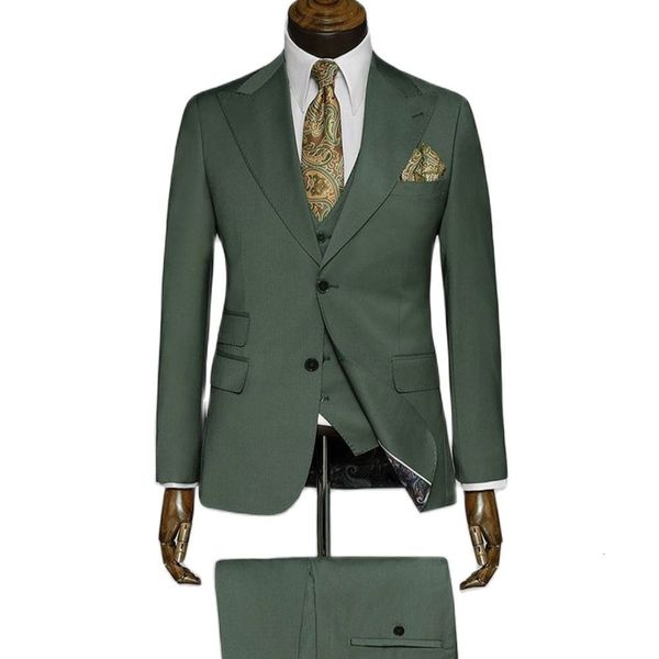 Abiti da uomo Blazer Lusso verde solido 3 pezzi giacca pantaloni gilet abito da sposa da uomo set ultrasottile da lavoro set capispalla da ufficio 230406