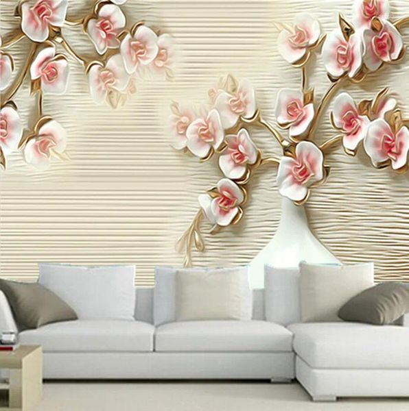 Wallpapers o mais recente papel de parede 3d jade flores e um vaso papel de parede tv parede sala de estar sofá quarto