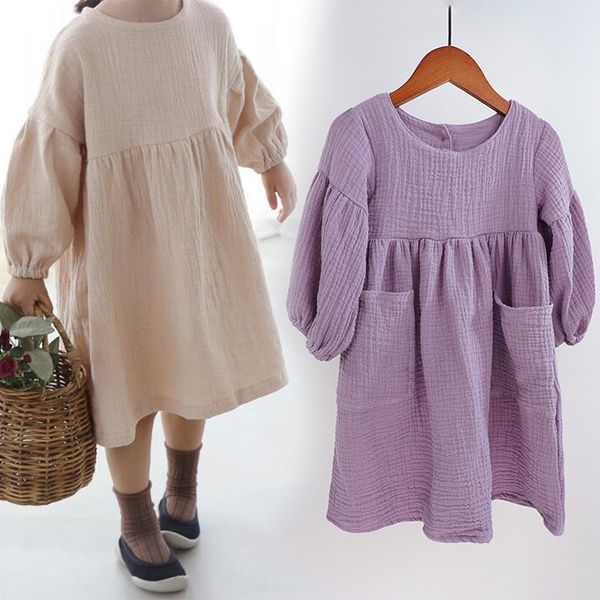 Mädchen Kleider Herbst Frühling Kinderkleidung Bio-Baumwolle Doppelte Gaze Lose Taschen Baby Kleid Mode Prinzessin Casual Kinder 230406