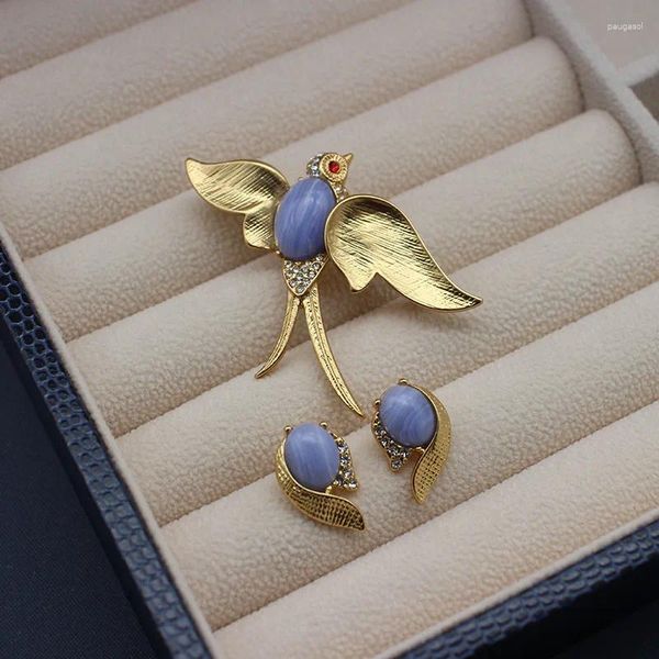 Halskette Ohrringe Set Goldener Vogel Brosche Vintage Schmuck Einfach Lila Stein Erweitert