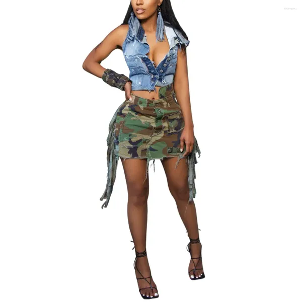 Saias roupas femininas 2023 verão moda sexy camuflagem borla denim saia harajuku streetwear para mulheres afiação remendo envoltório