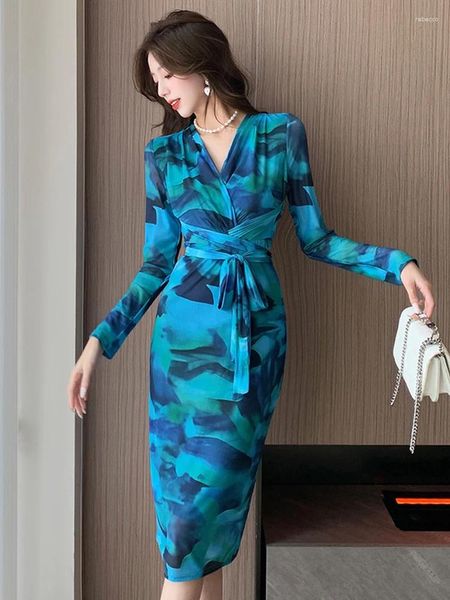 Casual Kleider Frühling Herbst Pendeln Wrap Hüfte Kleid Frauen Kleidung Elegante Formale Büro Langarm Bodycon Midi Robe Femme Mujer Vestidos