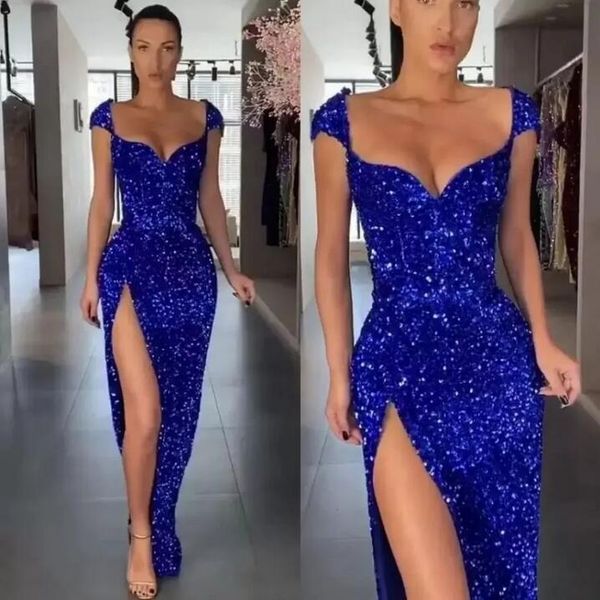 Vestidos de baile de noite azul royal com fenda alta, lantejoulas brilhantes, vestidos longos de festa divididos, vestidos de noite