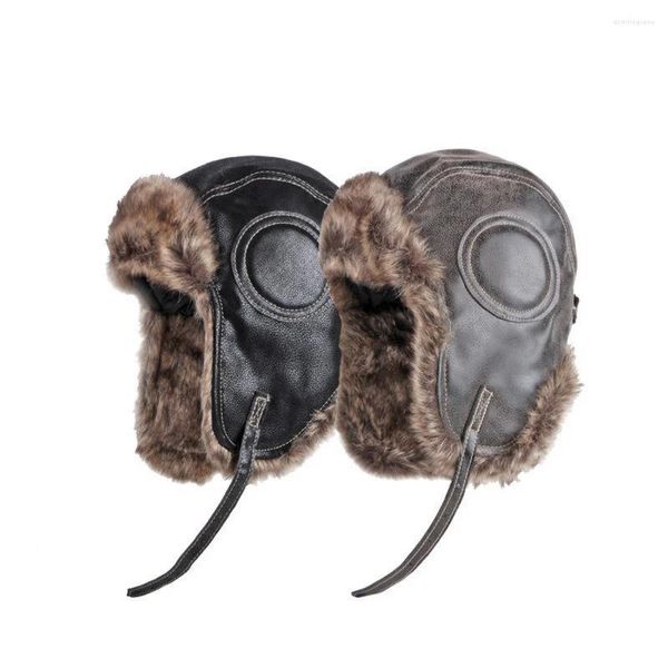 Berets Winter Männer Bomber Hut Earflap Caps Retro Pilot Stil 54-60 cm Künstliche Leder Plüsch Warm Halten Cool boy 2023 LF0035