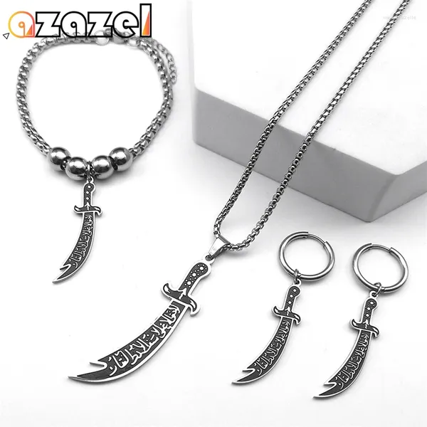 Collana Orecchini Set Arabo Imam Ali Zulfiqar Spada Gioielli in acciaio inossidabile Donna Uomo Musulmano Islam Coltello Orecchini islamici Bracciale Regali