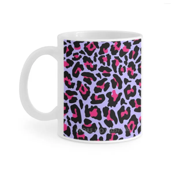 Tassen, Neonpard, weiße Tasse, Kaffeetassen, Teetasse, Geburtstagsgeschenk, Milch und Neon-Leopard, nahtloses Muster, Vektor-Tierhaut