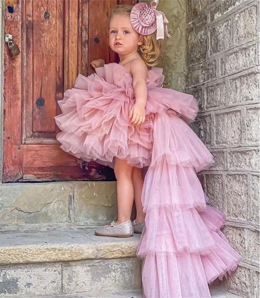 Vestidos da menina de fadas cauda de peixe rosa tule fofo em camadas princesa flor vestido festa de casamento bola primeira comunhão baile pageant vestido