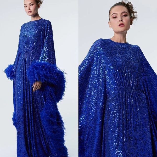 Abiti da ballo a sirena glamour Pieghe con paillettes gioiello Maniche larghe larghe Piume Lunghezza del pavimento Abito da festa su misura Plus Size Vestido De Noite