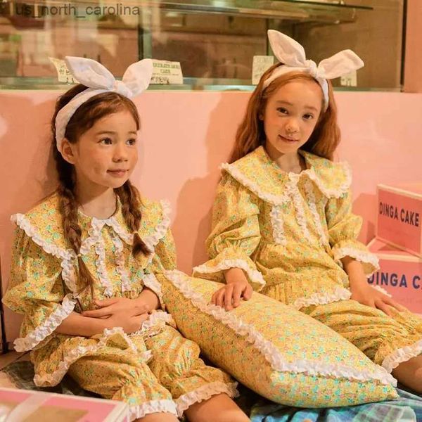 Kleidungssets Mädchen-Pyjama-Sets aus Baumwolle mit gelbem Blumenmuster.Vintage-Pyjama-Set für Kleinkinder und Kinder mit Pan-Kragen-Schlafkleidung R231106