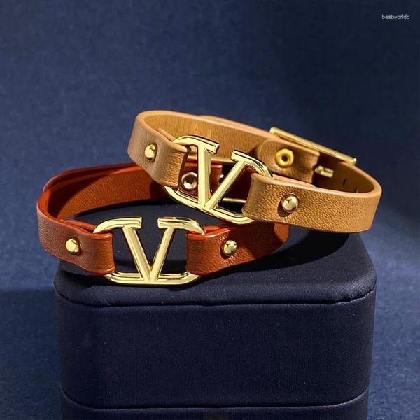 Bracciale rigido in pelle PU personalizzato minimalista europeo e americano con lettera V per uomo donna