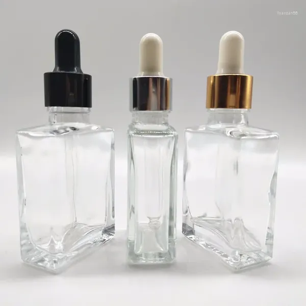 Bottiglie di stoccaggio Flacone quadrato in vetro trasparente da 30 ml con fiala cosmetica contenitore per olio essenziale con coperchio contagocce in alluminio