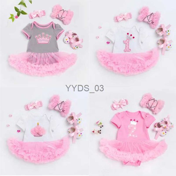 Vestidos da menina recém-nascidos bebê meninas macacão vestido de renda roupas para aniversário crianças manga curta macacão 4 peças conjunto de roupas 0-24m crianças presentes yq2301106