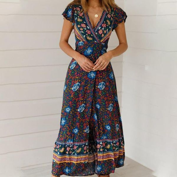 Vestidos casuais verão boho cintura fenda maxi vestido