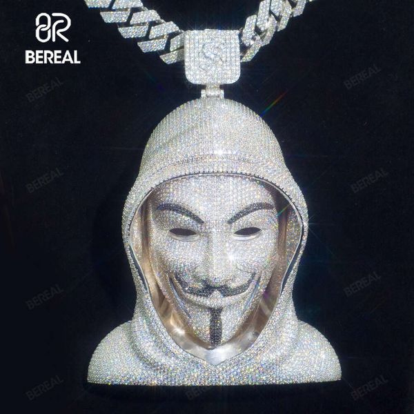 Benutzerdefinierte Vvs Moissanit 3d v für Vendetta Cartoon Figur Gesicht Anhänger Iced Out Hip Hop Stil Diamant 925 Silber Anhänger für Männer