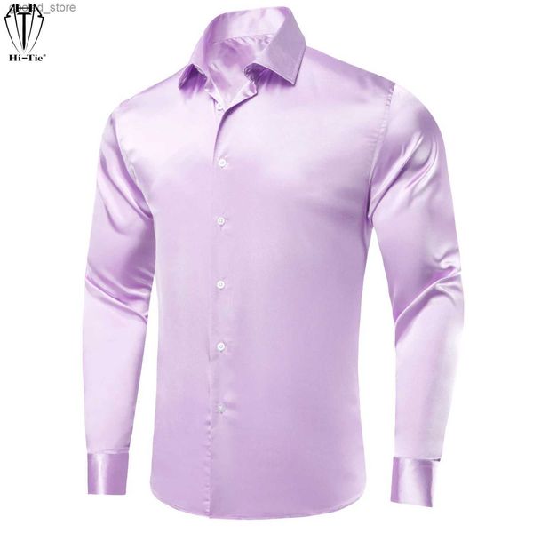 Camisas casuais masculinas Hi-Tie Light Lilás Roxo Cetim de seda Mens Camisas Windsor Collar Sólido Manga Longa Vestido Social Terno Camisa para Presente de Casamento Masculino Q231106