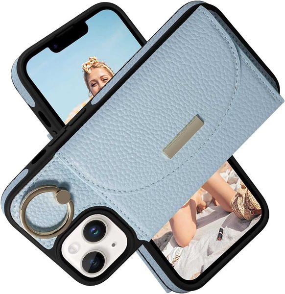 Capa de telefone para iPhone 15 Capa tipo carteira de couro com 4 suportes para cartão Suporte de anel Kickstand Capa protetora para telefone fólio para mulheres Senhoras Bege 6LWQ0
