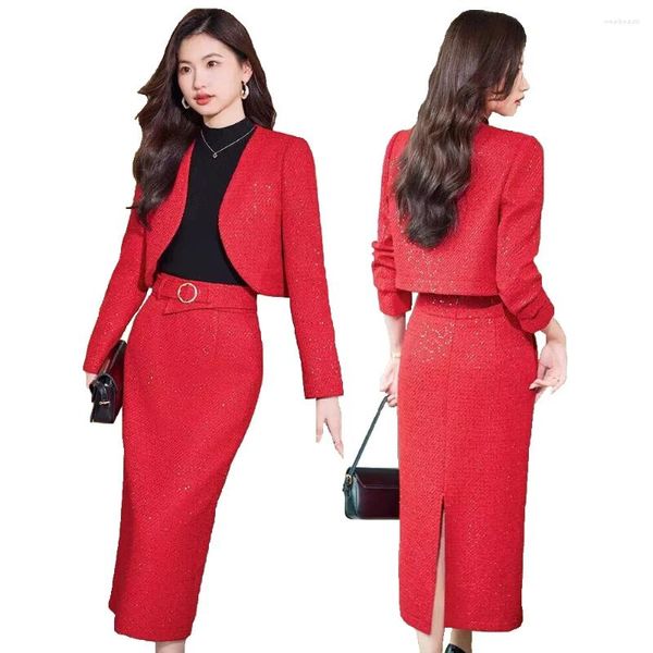 Zweiteiliges Kleid Herbst Winter Frauen Retro Anzug Büroarbeitskleidung Strickjacken Rot Schwarz Blau Blazer Mantel Midirock Zweiteiliges Set Koreanische Mode