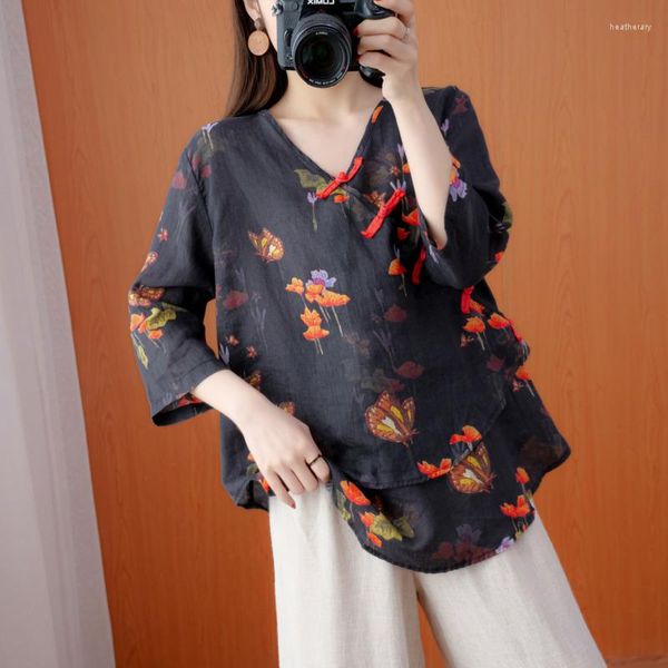Ethnische Kleidung Unregelmäßiger V-Ausschnitt Dünne China Tang-Anzug Blusen Frauen Druck Baumwolle Leinen Cheongsam Top Retro Traditioneller Femme Chinesischer Stil
