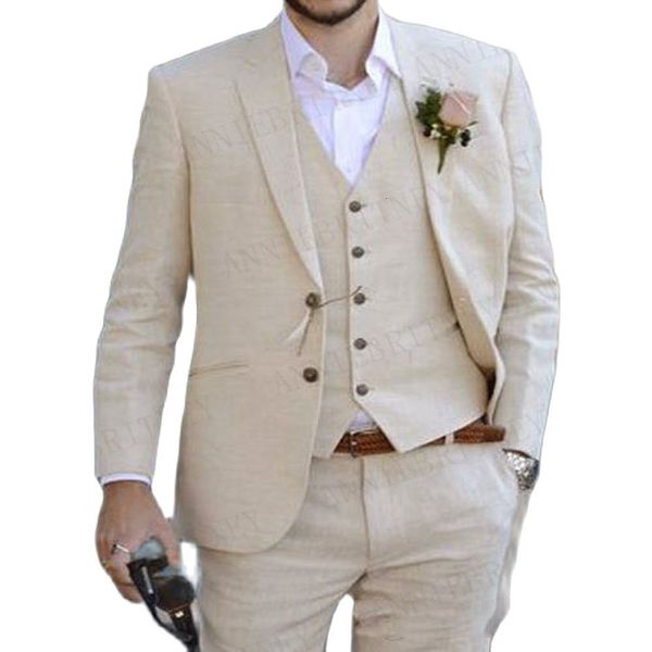 Herren Anzüge Blazer Herren Leinen Beige Strand Hochzeitskleid Herren Casual Herren Sakko Herren 3-teiliges Set 230406