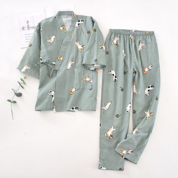 Damen Nachtwäsche Sieben Schläfer japanischer Kimono Pyjama Set Damen Frühling und Herbst 100% Baumwollgaze Home Clothing Cute Two p 230406