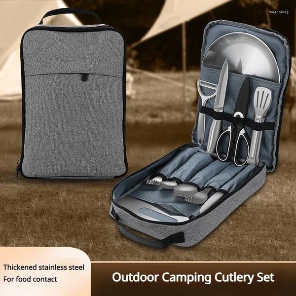 Tigelas 10pcs Camping Talheres Set 304 Talheres de piquenique de aço inoxidável com saco de armazenamento Pratos portáteis