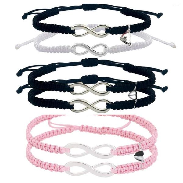 Charm-Armbänder, 2 Stück, Schwarz, Weiß, handgefertigt, Seil, Liebe, Herz, magnetisch, Paar für Frauen, Männer, Unendlichkeit, 8 Zahlen, Anhänger, Kette, Party, Reisen, Geschenk