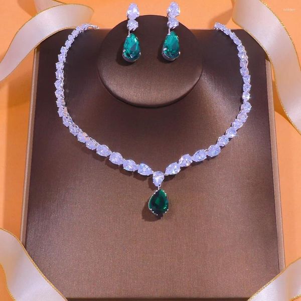 Halskette Ohrringe Set Stonefans Grüne Wassertropfen Sets Hochzeit Schmuck Luxus Accessoires Afrikanische Braut Zirkon Kleid Für Frauen