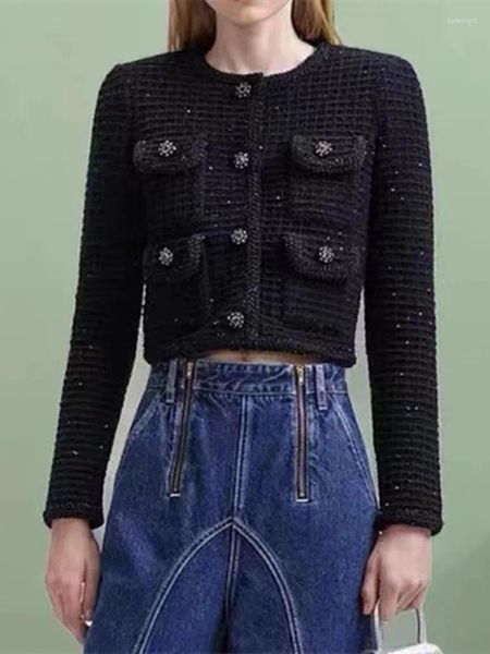 Frauen Strick Pailletten Stricken Schwarz Strickjacke Elegante Lange Hülse Weibliche Einreiher Oansatz Pullover Mantel Herbst Winter 2023