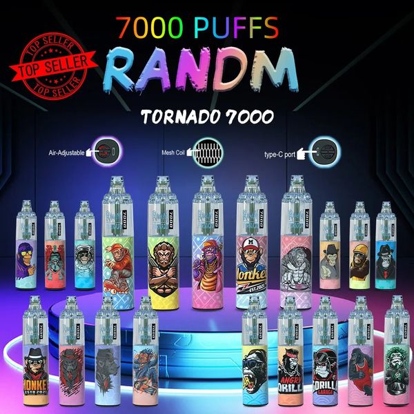 Original RandM Tornado 7000 Puff Descartável Vape Pen Cigarros Eletrônicos 14ml Pod com Bobina de Malha 6 Cores Brilhantes Recarregável Air-ajustável Puff 7000 56 cores