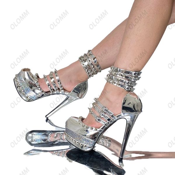 Olomm Neue Frauen Plattform Sandalen Sexy Nieten Dünne High Heels Sandalen Peep Toe Gold Party Schuhe Frauen UNS Plus Größe 4-12