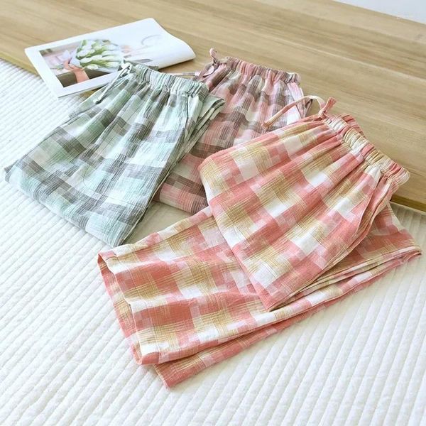 Pantaloni da pigiama da notte da donna per tutti e per la casa sottile giapponese primavera sciolto semplice plaid 2023 cotone autunno dritto