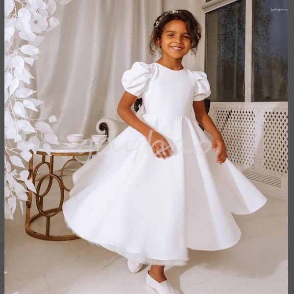 Vestidos de menina simples branco fofo laço flor para casamentos festa de aniversário baile de formatura vestido de primeira comunhão pageant wear