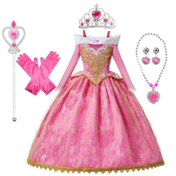 Vestidos de meninas adormece beleza aurora vestido princesa mangas compridas fora do ombro Robe de renda para crianças lindas roupas de Natal