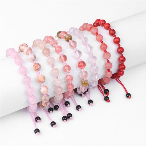 Quarzi rosa Bracciale intrecciato con nodo corda rossa Braccialetti intrecciati regolabili con perline in pietra naturale da 8 mm Gioielli in rodocrosite