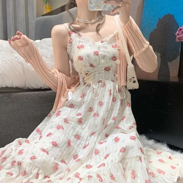 Элегантное женское платье без рукавов с цветочным принтом, дизайнерское корейское модное вечернее женское повседневное винтажное шикарное платье 2023, летнее цельное платье